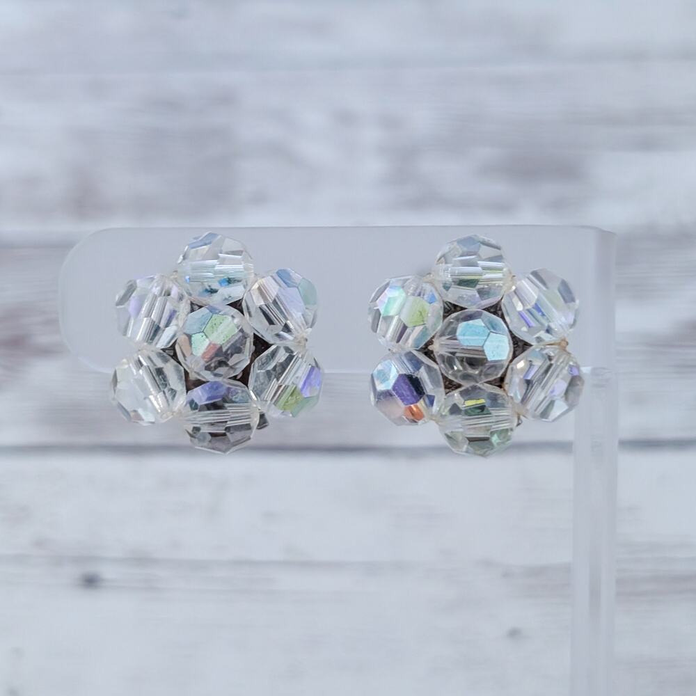 Vintage Clip On Earrings 7/8" Beaded Cluster Clear with Iridescent Finish